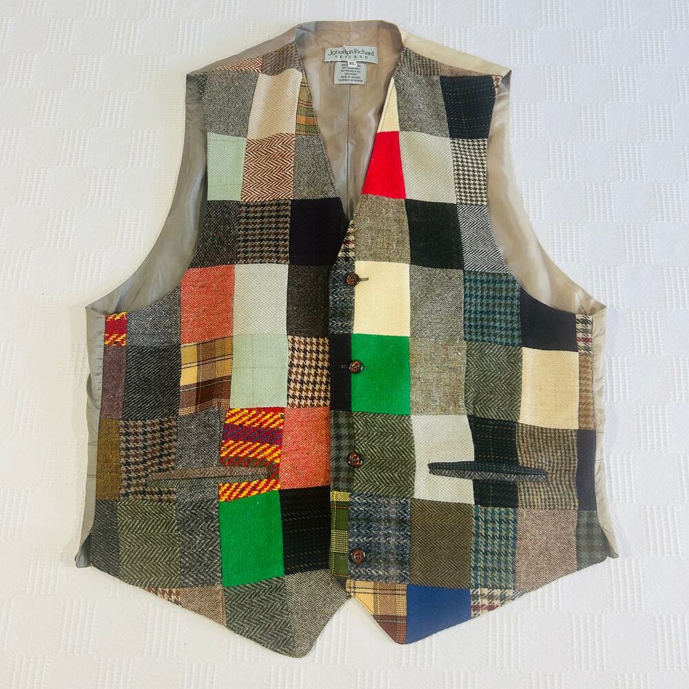 Jonathan Richard Ireland Patchwork Wool Vest Mens XL Multicolor Tweed